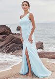 A-line One-Shoulder Sleeveless Floor-Length Stretch Satin Bridesmaid Dresses with Split Helena STKP0025285