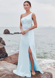 A-line One-Shoulder Sleeveless Floor-Length Stretch Satin Bridesmaid Dresses with Split Helena STKP0025285