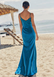 Trumpet/Mermaid V Neck Sleeveless Floor-Length Stretch Satin Bridesmaid Dresses with Pleated Split Ximena STKP0025286