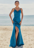 Trumpet/Mermaid V Neck Sleeveless Floor-Length Stretch Satin Bridesmaid Dresses with Pleated Split Ximena STKP0025286