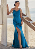 Trumpet/Mermaid V Neck Sleeveless Floor-Length Stretch Satin Bridesmaid Dresses with Pleated Split Ximena STKP0025286