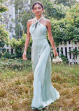 A-line Halter Sleeveless Floor-Length Stretch Satin Bridesmaid Dresses with Split Mollie STKP0025287