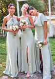 A-line Halter Sleeveless Floor-Length Stretch Satin Bridesmaid Dresses with Split Mollie STKP0025287