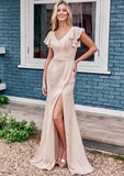 Sheath/Column V Neck Short Sleeve Floor-Length Stretch Satin Bridesmaid Dresses with Ruffles Split Alayna STKP0025290