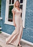 Sheath/Column V Neck Short Sleeve Floor-Length Stretch Satin Bridesmaid Dresses with Ruffles Split Alayna STKP0025290