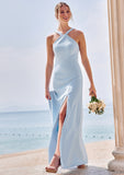 Sheath/Column Halter Sleeveless Floor-Length Stretch Crepe Bridesmaid Dresses with Split Dayana STKP0025291