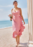 A-line V Neck Sleeveless Asymmetrical Stretch Satin Bridesmaid Dresses with Sashes Ruffles Tessa STKP0025292