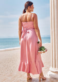 A-line V Neck Sleeveless Asymmetrical Stretch Satin Bridesmaid Dresses with Sashes Ruffles Tessa STKP0025292