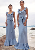 Sheath/Column Scoop Neck Sleeveless Floor-Length Stretch Satin Bridesmaid Dresses with Sashes Ruffles Amaya STKP0025293