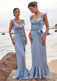 Sheath/Column Scoop Neck Sleeveless Floor-Length Stretch Satin Bridesmaid Dresses with Sashes Ruffles Amaya STKP0025293