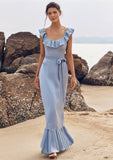 Sheath/Column Scoop Neck Sleeveless Floor-Length Stretch Satin Bridesmaid Dresses with Sashes Ruffles Amaya STKP0025293