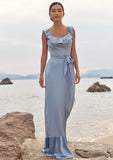 Sheath/Column Scoop Neck Sleeveless Floor-Length Stretch Satin Bridesmaid Dresses with Sashes Ruffles Amaya STKP0025293