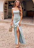 Sheath/Column Square Neckline Sleeveless Floor-Length Stretch Satin Bridesmaid Dresses with Split Serenity STKP0025294