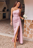 Sheath/Column One-Shoulder Sleeveless Floor-Length Stretch Crepe Bridesmaid Dresses with Side Draping Split Gabrielle STKP0025295