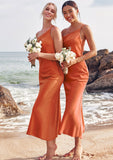 Sheath/Column One-Shoulder Sleeveless Tea-Length Stretch Satin Bridesmaid Dresses with Pleated .co.uk Janet STKP0025297