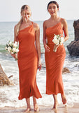 Sheath/Column One-Shoulder Sleeveless Tea-Length Stretch Satin Bridesmaid Dresses with Pleated .co.uk Janet STKP0025297