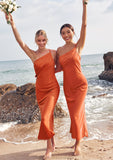 Sheath/Column One-Shoulder Sleeveless Tea-Length Stretch Satin Bridesmaid Dresses with Pleated .co.uk Janet STKP0025297