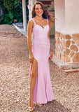 Trumpet/Mermaid V Neck Sleeveless Floor-Length Jersey Bridesmaid Dresses with Pleated Split Natalya STKP0025299