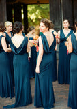 A-line V Neck Sleeveless Sweep Train Jersey Bridesmaid Dresses with Pleated Caylee STKP0025302