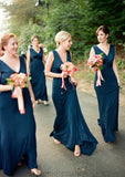 A-line V Neck Sleeveless Sweep Train Jersey Bridesmaid Dresses with Pleated Caylee STKP0025302