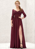 A-line V Neck Full/Long Sleeve Long/Floor-Length Chiffon Bridesmaid Dresses With Lace Split Pleated Abbey STKP0025304