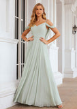 A-line Off-the-Shoulder Sleeveless Long/Floor-Length Chiffon Bridesmaid Dresseses With Pleated Monique STKP0025307