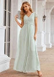 A-line V Neck Short Sleeve Long/Floor-Length Chiffon Bridesmaid Dresses With Pleated Livia STKP0025309