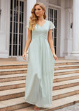 A-line V Neck Short Sleeve Long/Floor-Length Chiffon Bridesmaid Dresses With Pleated Livia STKP0025309