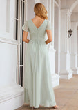 A-line V Neck Short Sleeve Long/Floor-Length Chiffon Bridesmaid Dresses With Pleated Livia STKP0025309