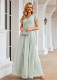 A-line V Neck Short Sleeve Long/Floor-Length Chiffon Bridesmaid Dresses With Pleated Livia STKP0025309