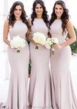 Sleeveless Bateau Sweep Train Elastic Sheath/Column Satin Bridesmaid Dresseses With Pleated Lindsay STKP0025312