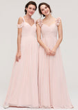 Sweetheart Sleeveless A-line/Princess Chiffon Long/Floor-Length Bridesmaid Dresses With Pleated Shoulder Flower Ansley STKP0025315