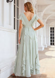 A-line V Neck Short Sleeve Long/Floor-Length Chiffon Bridesmaid Dresses With Pleated Ruffles Sophronia STKP0025316