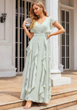 A-line V Neck Short Sleeve Long/Floor-Length Chiffon Bridesmaid Dresses With Pleated Ruffles Sophronia STKP0025316