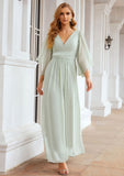 Sheath/Column V Neck 3/4 Sleeve Long/Floor-Length Chiffon Bridesmaid Dresses With Pleated Ina STKP0025318