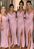 Sheath/Column V Neck Sleeveless Long/Floor-Length Chiffon Bridesmaid Dresses With Pleated Split Charlee STKP0025319