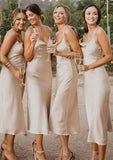 Sheath/Column Cowl Neck Sleeveless Tea-Length Satin Bridesmaid Dresses Paloma STKP0025320