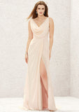 Sleeveless Cowl Neck Sweep Train Chiffon A-line/Princess Bridesmaid Dresses With Split Pleated Janet STKP0025323