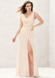 Sleeveless Cowl Neck Sweep Train Chiffon A-line/Princess Bridesmaid Dresses With Split Pleated Janet STKP0025323