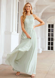 A-line Halter Sleeveless Long/Floor-Length Chiffon Bridesmaid Dresses With Pleated Angelica STKP0025325