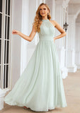 A-line High-Neck Sleeveless Long/Floor-Length Chiffon Bridesmaid Dresses With Pleated Sophronia STKP0025326