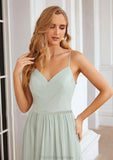 A-line V Neck Sleeveless Long/Floor-Length Chiffon Bridesmaid Dresses With Pleated Split Nathalia STKP0025327