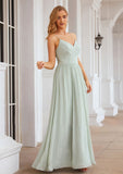 A-line V Neck Sleeveless Long/Floor-Length Chiffon Bridesmaid Dresses With Pleated Split Nathalia STKP0025327