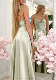 A-line Cowl Neck Spaghetti Straps Long/Floor-Length Charmeuse Bridesmaid Dresses With Split Alma STKP0025330