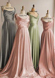 A-line Cowl Neck Spaghetti Straps Long/Floor-Length Charmeuse Bridesmaid Dresses With Split Alma STKP0025330