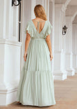 A-line V Neck Short Sleeve Chiffon Long/Floor-Length Bridesmaid Dresses With Pleated Tess STKP0025331