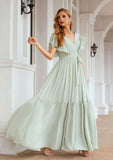 A-line V Neck Short Sleeve Chiffon Long/Floor-Length Bridesmaid Dresses With Pleated Tess STKP0025331