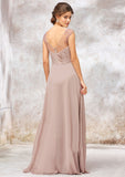 Illusion Neck Long/Floor-Length Chiffon A-line/Princess Bridesmaid Dresses  With Sequins Pleated Beading Joy STKP0025334