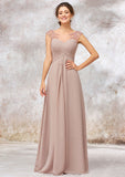 Illusion Neck Long/Floor-Length Chiffon A-line/Princess Bridesmaid Dresses  With Sequins Pleated Beading Joy STKP0025334