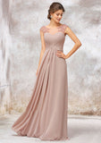 Illusion Neck Long/Floor-Length Chiffon A-line/Princess Bridesmaid Dresses  With Sequins Pleated Beading Joy STKP0025334